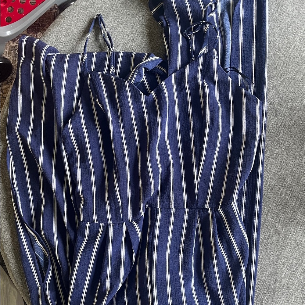 Monteau Navy and White Striped Jumpsuit